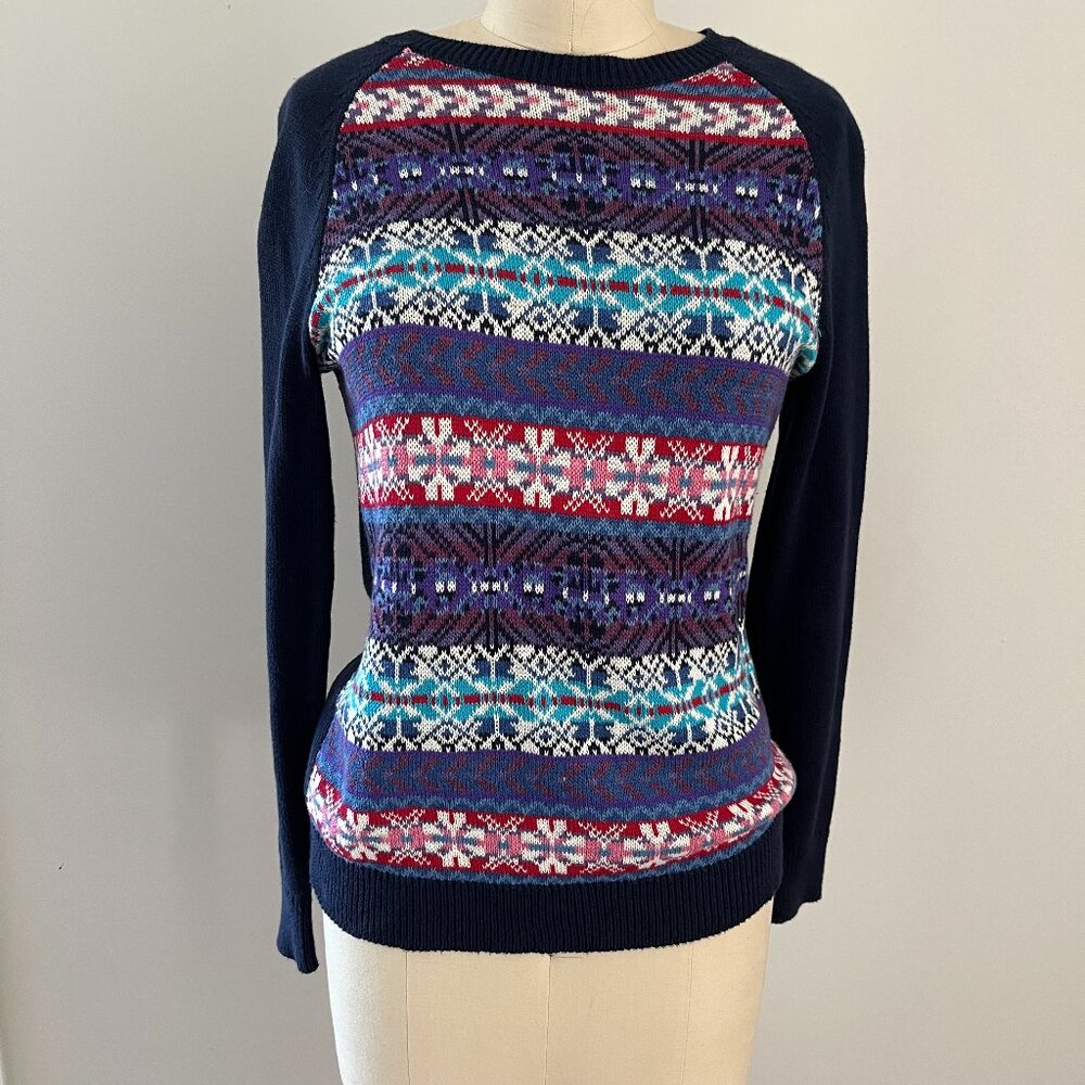 Chaps Fair Isle Crewneck Raglan Sweater Blue Pink Purple Aztec Geometric Cabin S